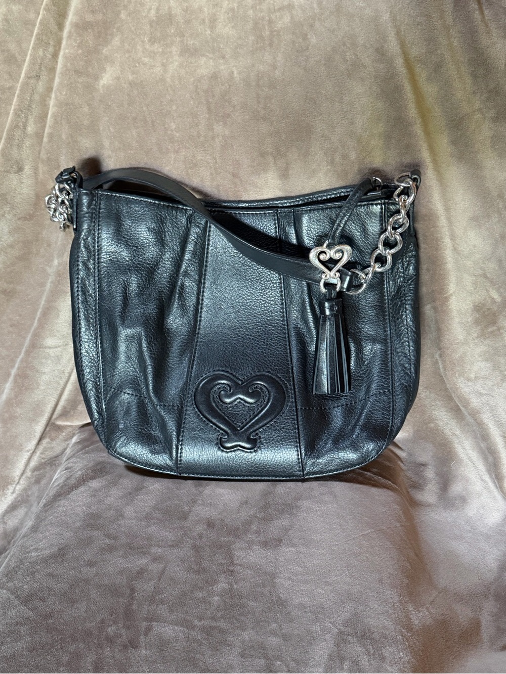 Brighton Black Leather Shoulder Bag with Heart Motif and Tassel